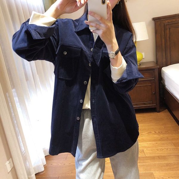 

shirt 2021 mid-length corduroy jacket women loose all-match spring and autumn women's 9o80, White