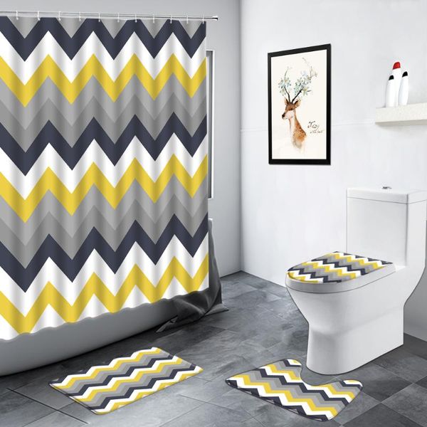 

shower curtains wave stripe curtain white gray yellow fashion design bathroom decor carpet anti-slip rug toilet cover bath mat luxury set