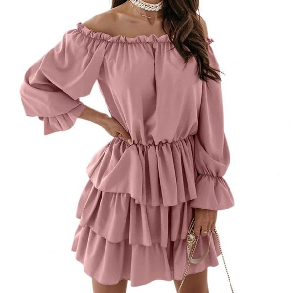 

casual dresses chiffon mini dress women elegant slash neck solid color long sleeve ruffle hem tunic office ladies cake streetwear, Black;gray