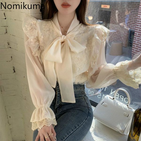 

nomikuma women blouse korean lace embroideried ruffle shirt spring bow tie collar flare sleeve elegant blusas mujer 6e225 210427, White