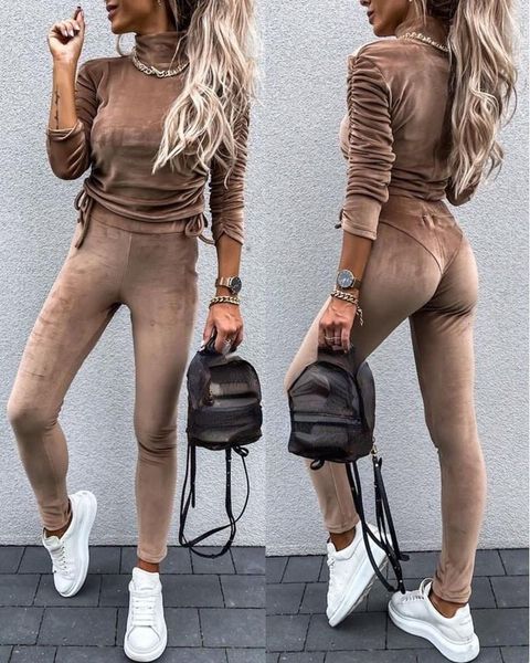 

women's two piece pants style spring and autumn velvet drawstring ruched long sleeve & set female casual trousers suit fashion, White