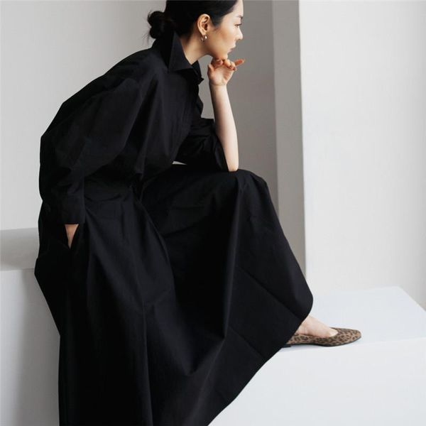 

casual dresses superaen 2021 loose solid turn down collar full shirt fashion a-line woman dress, Black;gray