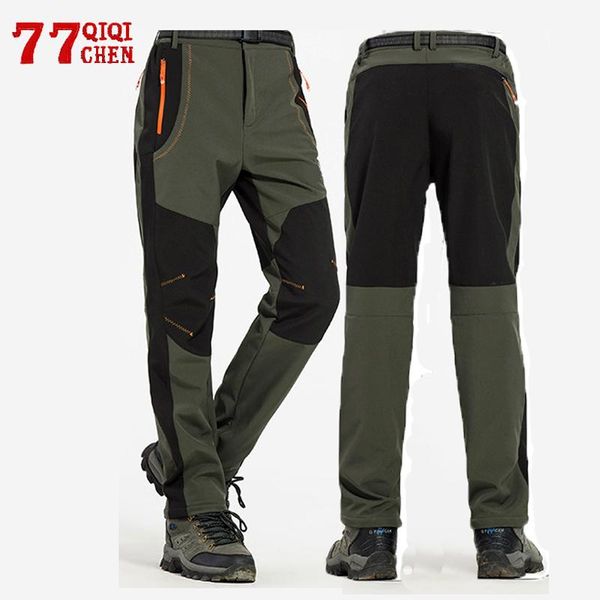 

men's warm winter softshell pant fleece outdoor cargo pants men waterproof hiking trousers stretch casual work plus size, Black