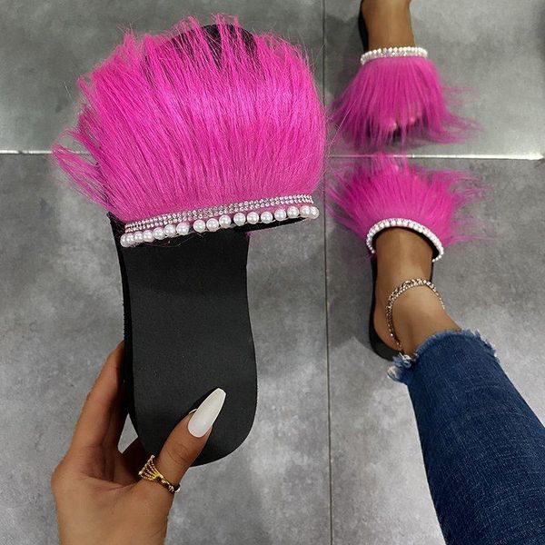 

slippers 2021 style women fluffy plush fur pearl flats black sandals flip flops platform slipper female casual shoes