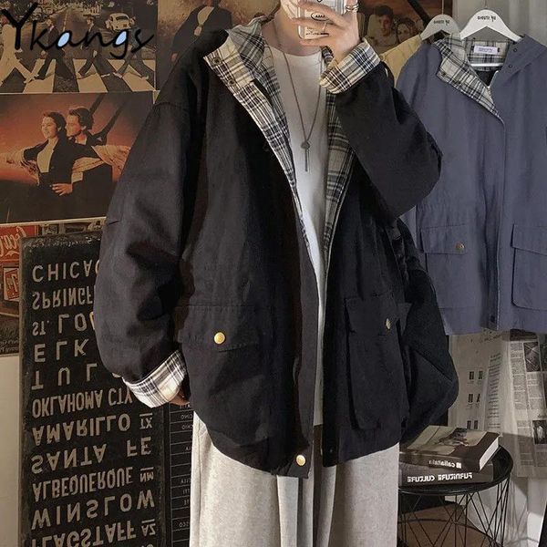 

women's jackets plaid zipper patchwork harajuku cargo hooded women y2k high street baggy basic female couple loose pocket coats, Black;brown