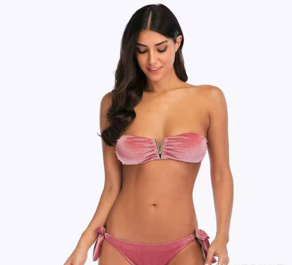 

flannel bikini set for women off shoulder low waist knot deep v backless swimsuit pink swimwear party pool bathing suit one-piece suits