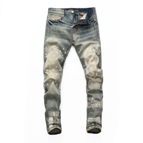 

men's jeans trend brand fashion retro pattern printed feet stretch pants men jean skinny graphic geometric, Blue