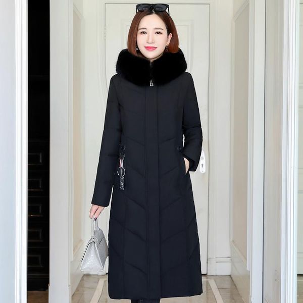 

women's down & parkas 2021 fashion winter long padded jacket hooded fur collar thick warm cotton coat woman casual black overcoat