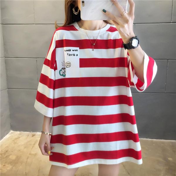 

women's t-shirt lazy style striped letter short-sleeved women fashion summer round neck korean loose mid-length top, White