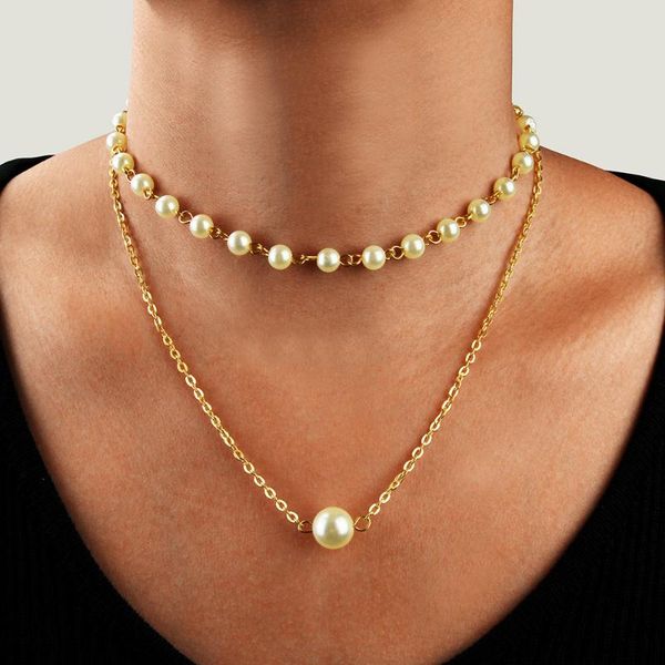 

Fashion Beaded Pearl Necklace Women Cute Gold Color Double Layer Chain Pendant Choker Jewelry Wholesale Chains, Silver