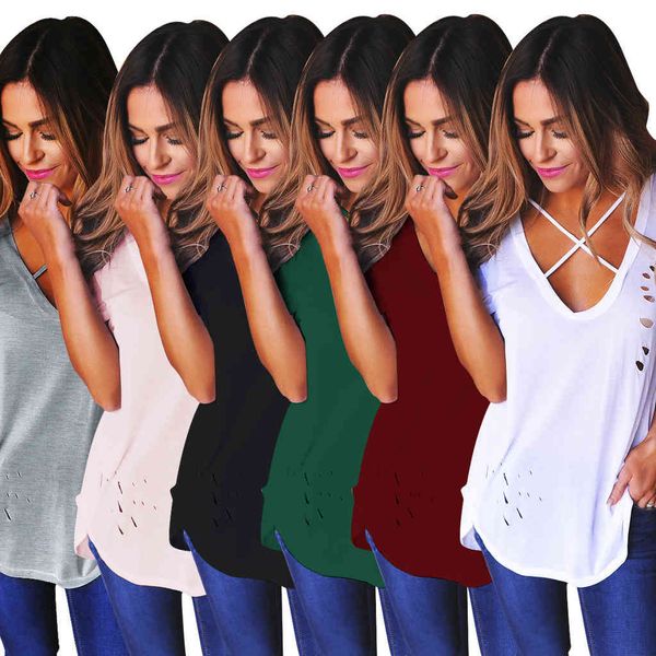 

women's v-neck burnt out cotton t-shirt, White