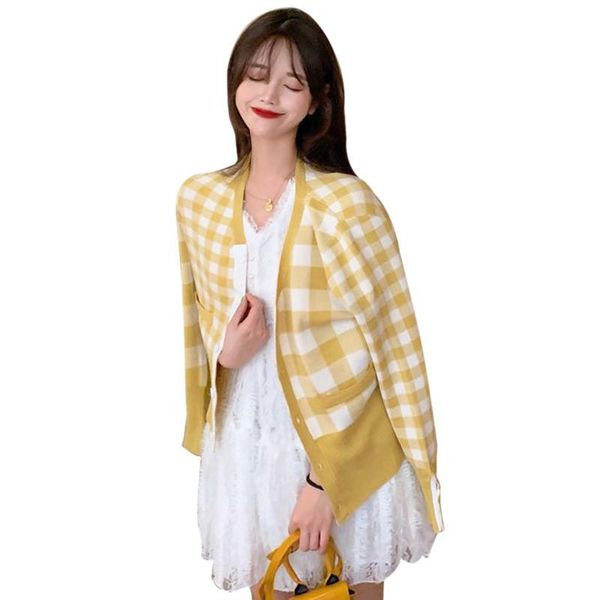 

women's jackets jacket women youth sweater fashion observable v-neck plaid cardigan slim long-sleeved knit chaqueta mujer zw, Black;brown