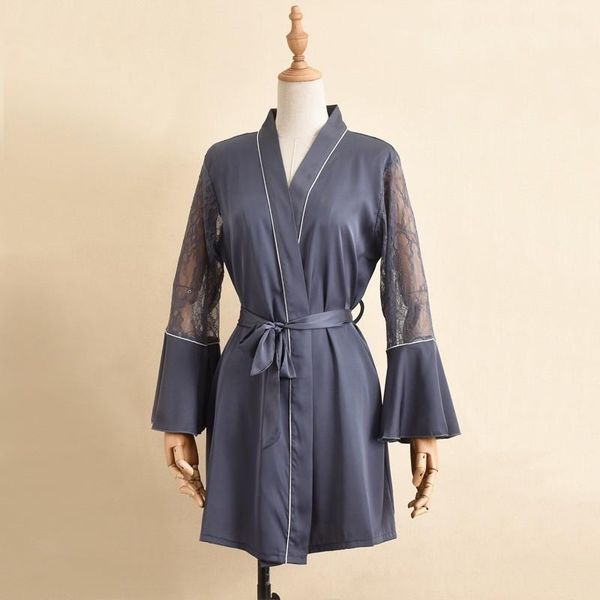 

women's sleepwear gray lace patchwork robe women summer kimono gown perspective femme nightgown satin silky nightwear home dressing, Black;red