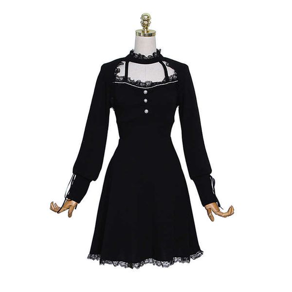 

perhaps u black lace ruffle dress button long sleeve a line elegant mini dress women spring summer d3086 210529, Black;gray