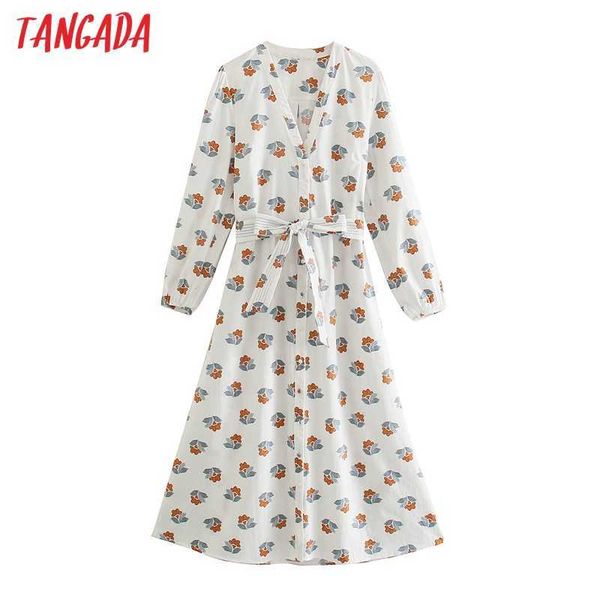 

tangada women chic floral print shirt dress with belt vintage long sleeve female midi dresses be465 210609, Black;gray