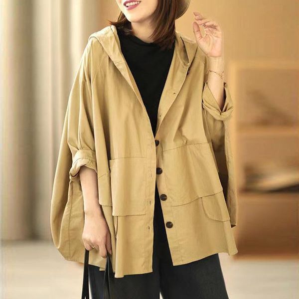

women's trench coats qpfjqd ladies casual loose hooded trenchs cotton solid color long sleeve women pocket spring winter sweet clothing, Tan;black