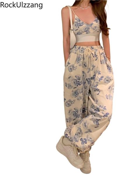 

two piece matching set summer workout jogger v neck strap camis flower crop bustier + drawstring sweatpant pant suit casual women's pan, White