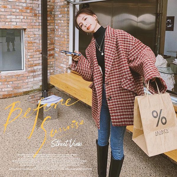 

women's wool & blends autumn and winter women retro plaid woolen female small thick short jacket loose thin, Black