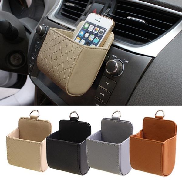 

car organizer auto vent outlet trash box pu leather mobile phone holder storage bag automobile hanging styling 4 colors