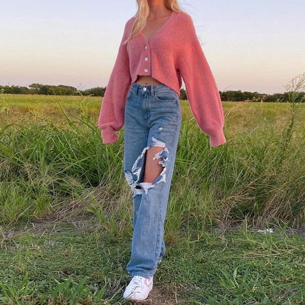 

ripped hole irregular solid women's straigth pants high waist asymmetrical full length pant for female fashion #t1g jeans, Blue