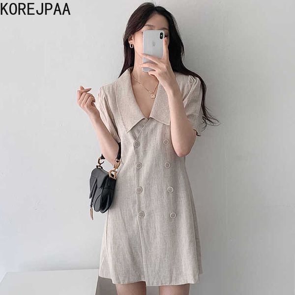 Korejpaa Frauen Kleid Sommer Koreanische Chic Damen Französisch Temperament Revers Zweireiher Schlank Abnehmen Einfarbig Vestidos 210526