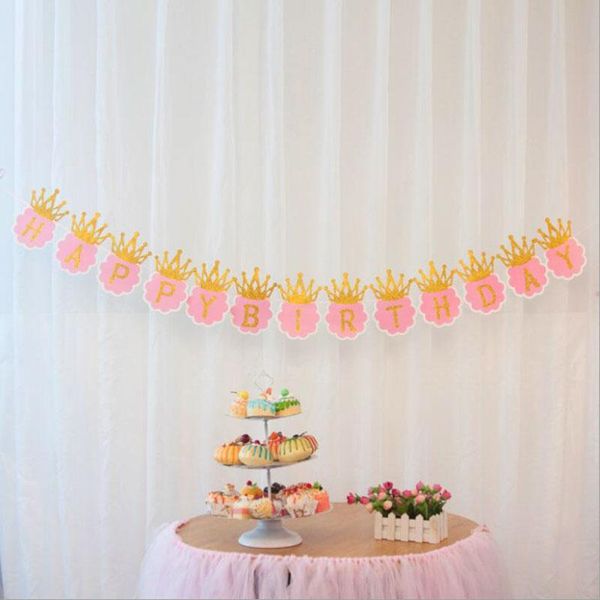 

party decoration 3m blink gold powder crown happy birthday banner prince princess supplies paper garland pink blue