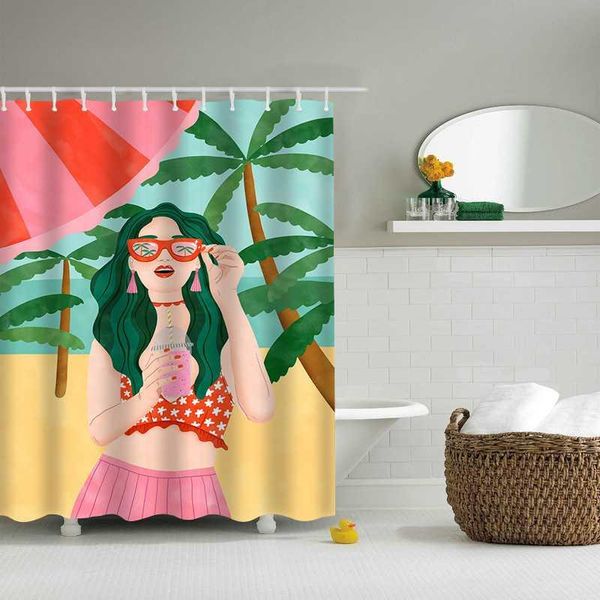 

shower curtains beach woman curtain cartoon girl coconut tree sea scenery bath summer landscape home bathroom decor cloth