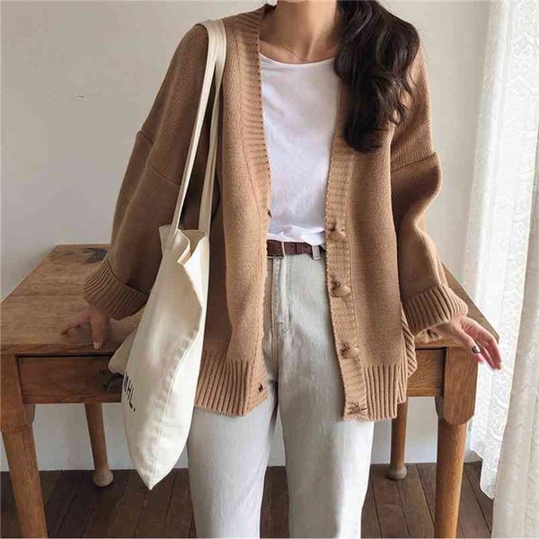 

brown oversize women's sweaters autumn winter vintage v neck cardigans single breasted puff sleeve loose cardigan women warm 210423, White