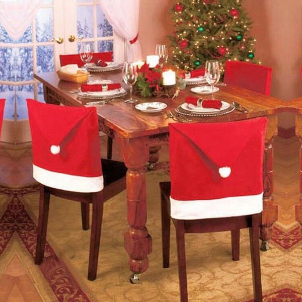 4 pçs / lote Natal Santa Red Hat Cobre Ano Decorações Jantar Cadeira Cap Sets Acessórios