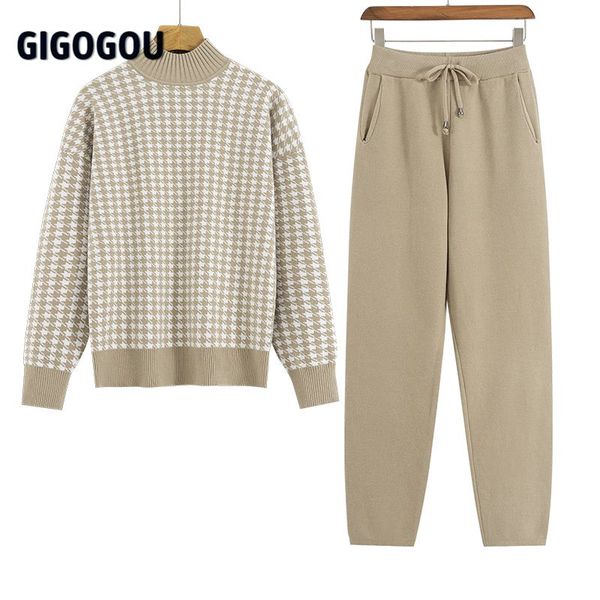 

gigogou houndstooth knit women sweater costume thick turtleneck winter oversized casual loose pullover sweaters 2 pieces sets, Black