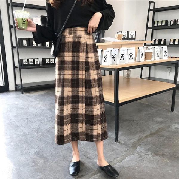 

skirts korean version of the woolen lattice skirt female high waist long paragraph a word women autumn and winter, Black