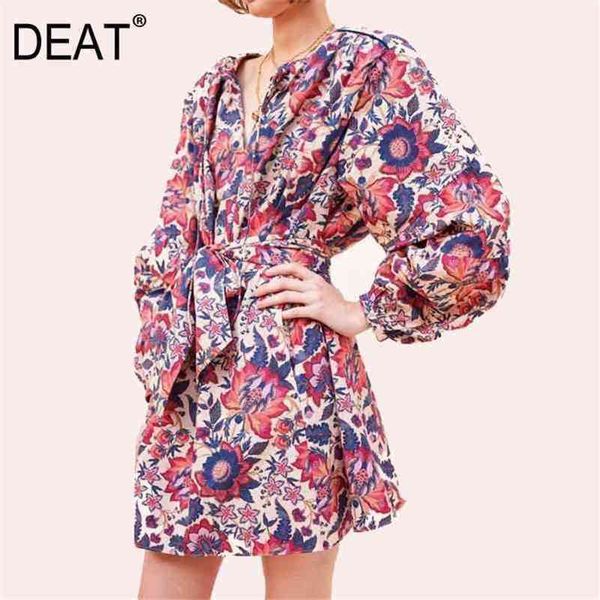 

deat spring and summer fashion women clothes round neck lantern sleeves printed colored pullover high waist dress 210527, Black;gray