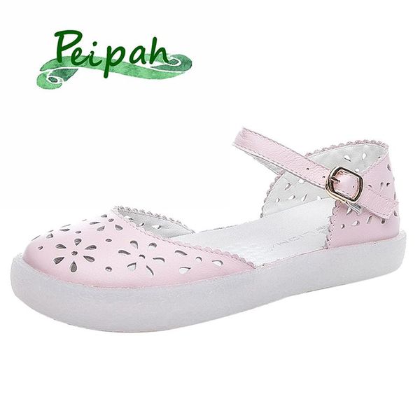 

summer genuine leather shallow ballet flats ladies hook&loop solid casual shoes woman buckle strap round toe footwear sandals, Black