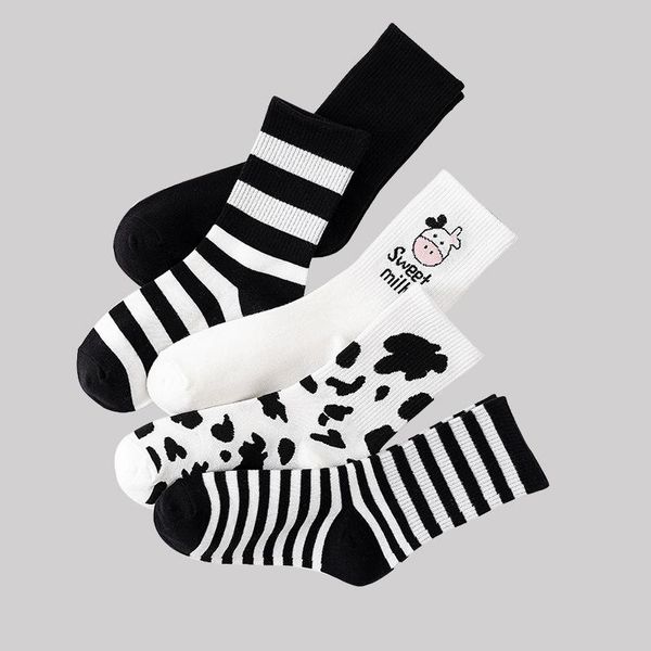 

socks & hosiery 5 pair fashion cartoons cow print women cotton cycling long keep warm kawaii designer set femme socken, Black;white