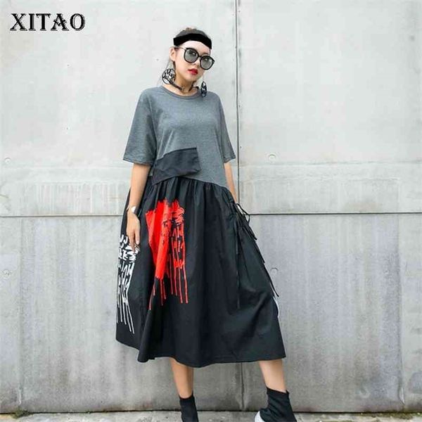 Xitao Plus Размер платья Мода Новая высокая талия Элегантная летняя пуловер лоскутное попадание цветного богиня вентилятор повседневное платье GCC3514 210323