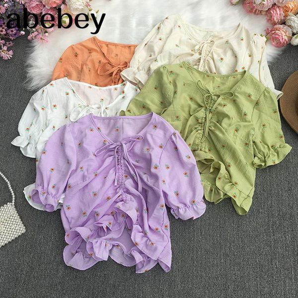 

women's blouses & shirts 2021 summer retro all-match lace up v-neck short sleeve shirt drawstring ruched slim floral top, White