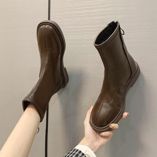 

short boots female british wind and velvet in 2021 the flat thin after zipper joker ankle boot, Black