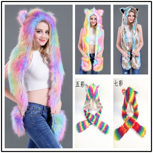 

hat color unicorn imitation fur cartoon animal scarf glove one, Blue;gray