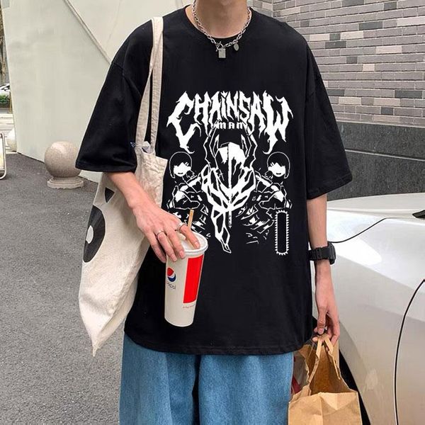 

men's t-shirts cool manga style t-shirt chainsaw man tshirt summer men women loose short sleeve couples oversized tee eu size clothes f, White;black