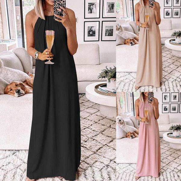 

women's casual temperament solid color hanging neck halter ankle dress summer holiday ruffles beach dresses yoga outfit