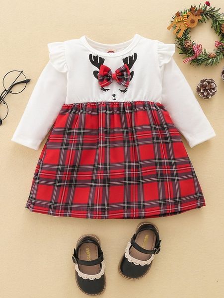 

baby tartan bow front ruffle trim dress she, Red;yellow
