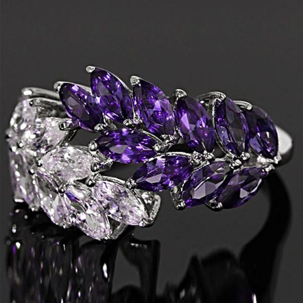 

wedding rings elegant female purple white crystal ring charm silver color for women promise leaf zircon stone engagement, Slivery;golden
