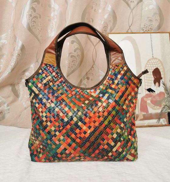 

fashion trends cowhide lady's bag everyday practical handbag woman's shoulder large capacity multi-color weave underarm