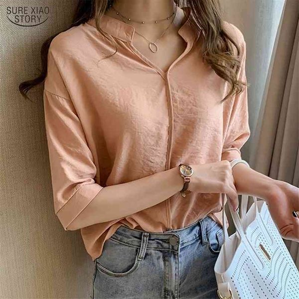 

casual loose v neck blouse women summer pullover ladies blusas office plus size solid elegant chiffon shirt 9998 210506, White