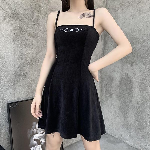 

casual dresses [you're my secret] summer black dress gothic moon embroidered harajuku party clothes velvet spaghetti strap, Black;gray