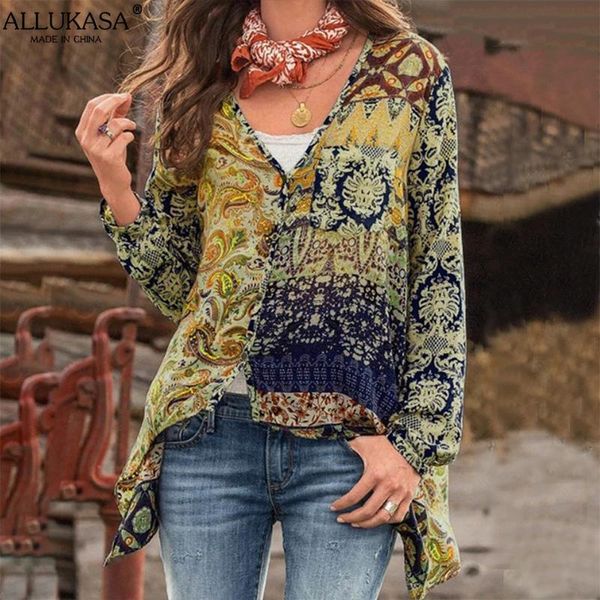 

women's blouses & shirts ladies long sleeve shirt spring v-neck print irregular bohemian fashion retro beach loose casual chic, White