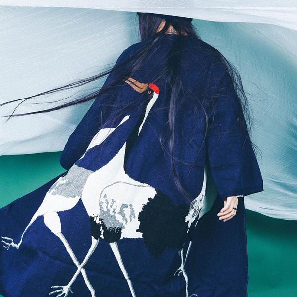 

women's trench coats autumn casual kimono coat women cartoon cranes pattern open stitch knitted long cardigan oversized windbreaker, Tan;black