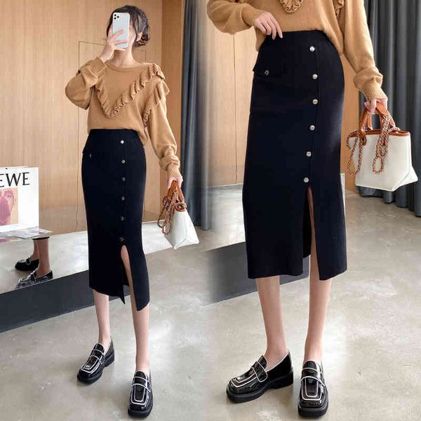 

skirts high waist knit slit buttons autumn winter big stretch black or gray knitted womens maxi woman rz8p