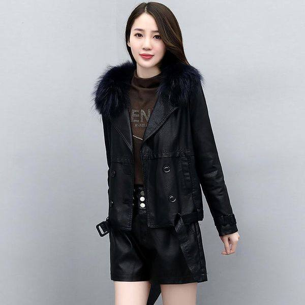 

women's leather & faux 2021 short winter style with fleece thickened slimming fashion elegant fur collar jacket coat, Black