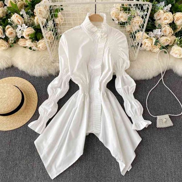 

spring european american shirt dress female lantern sleeve wood ear high collar slim slimming fishtail short c062 210506, Black;gray